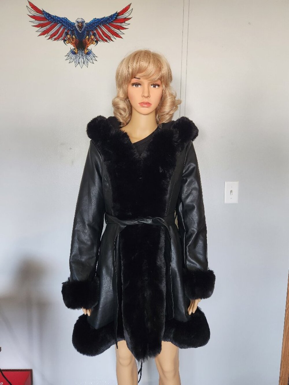 #795 Faux leather/faux fur coat